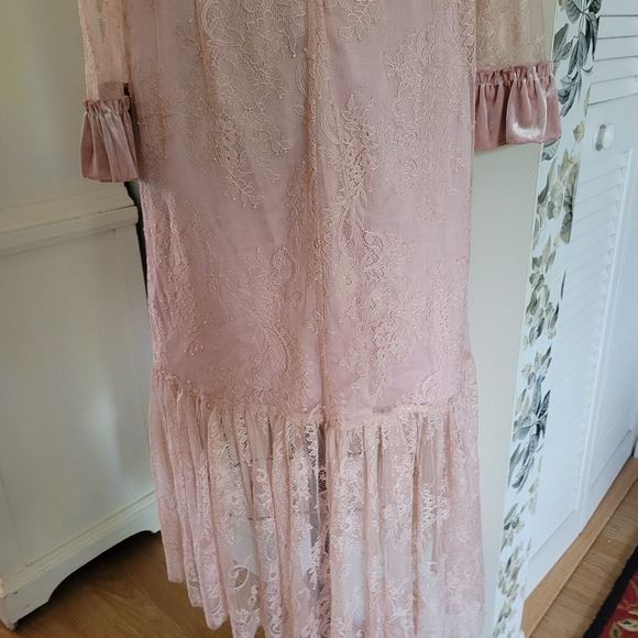 Pink Mary Cottagecore maxy lace dress with floral appliques Velvet accents Y2K - Picture 9 of 13